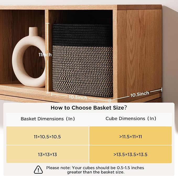 joybest 11inch Cube Storage Bins, Cotton Rope Woven Organizer Basket | Set of 4 Cube Bin Square Shelves Organizer Closet Storage, Nursery, Toy Organization, Black&Dark Brown