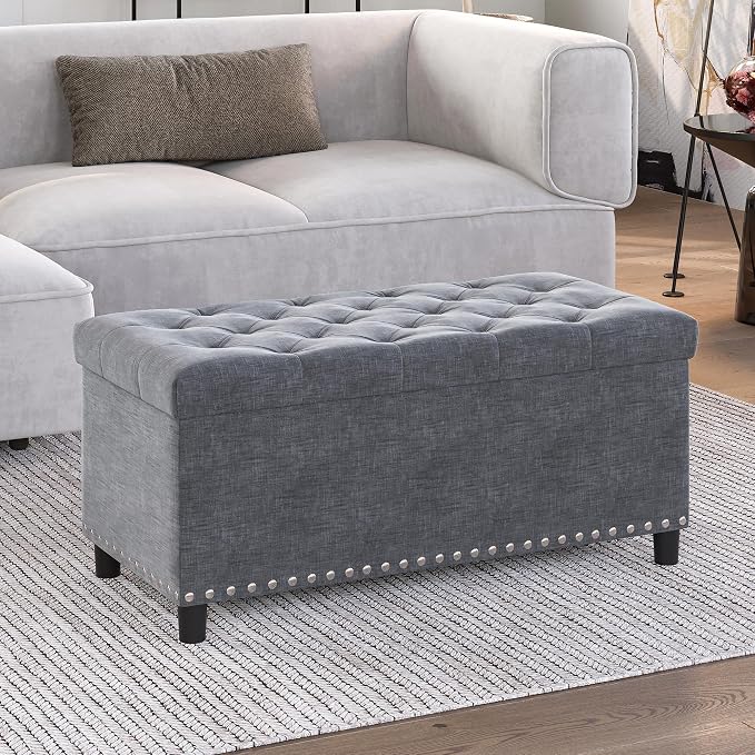 BELLEZE Storage Ottoman, Tufted Ottoman with Close Hinge, Foot Rest for Living Room (Gray, 31 inch)