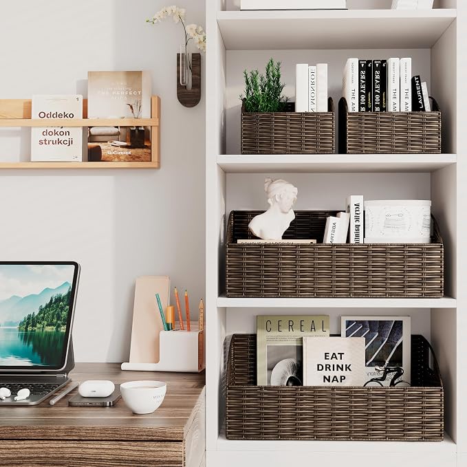 Pantry Baskets for Organizing, Wicker Basket Shelf Storage | Handwoven Pantry Organizers and Storage with Built-in Handles, Laundryroom Organization Storage Bins for Snack Cans