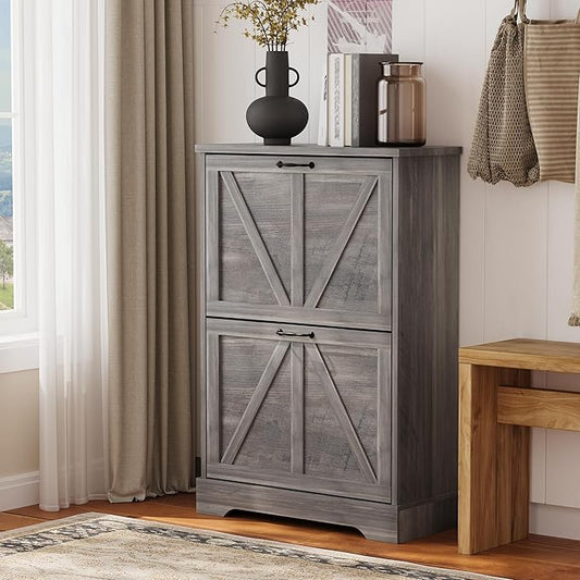 Semiocthome Farmhouse Shoe Storage Cabinet with 2 Flip Drawers, 23.6"(W) Freestanding Shoe Organizer with Barn Door and Metal Handles for Entryway, Rustic Narrow Slim Shoe Rack Cabinet - Washed Gray
