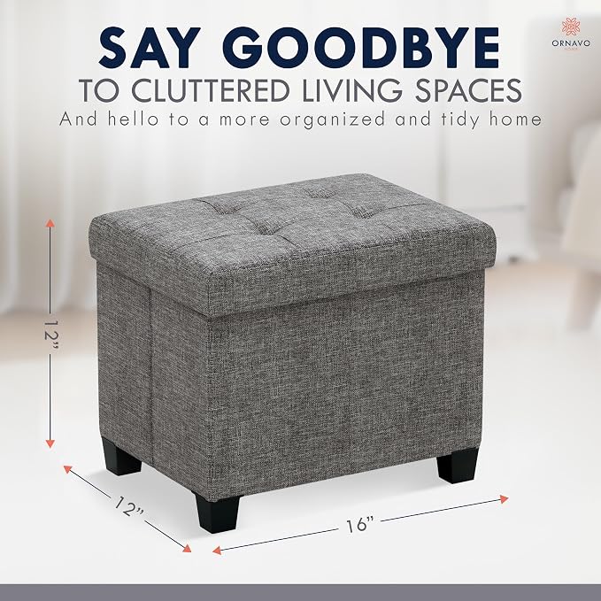 Ornavo Home Small Rectangle Storage Ottoman with Legs, 12x16x12, Dark Gray | Foot Rest Stool Seat; Holds Up to 600 lbs; Ideal for Living Room, Bedroom, Home Office or Dorm