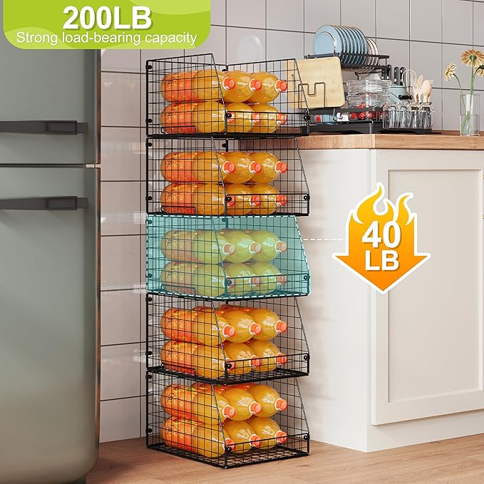 Jakyitvi 5 Pack XXL Stackable Wire Storage Basket, Extra Large Capacity Pantry Organizer and Storage, Muti-Purpose for Fruit Vegetable Basket & Toy Bin & Snack Organizer