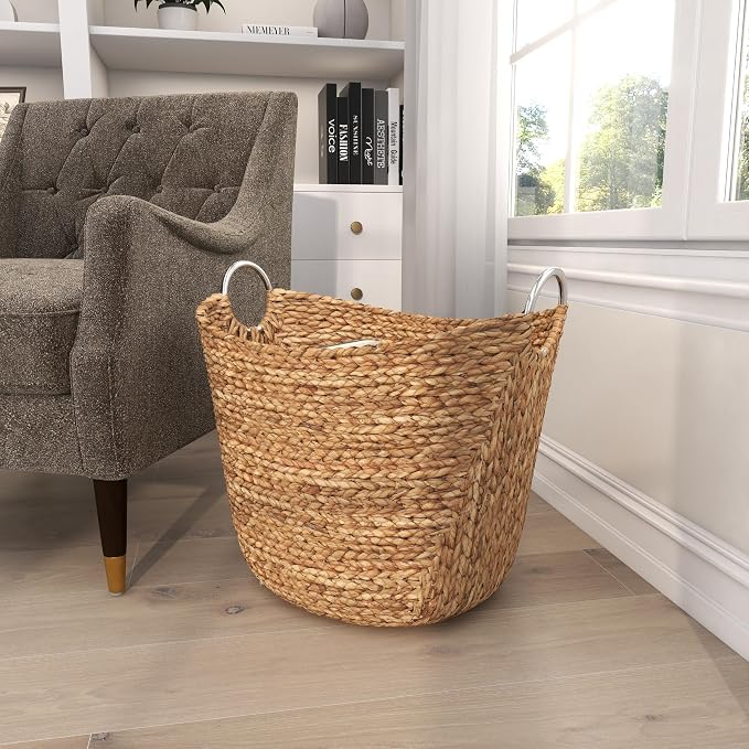 Deco 79 Seagrass Handmade Decorative and Functional Storage Basket Large Woven Basket Organizer with Ring Metal Handles, Basket for Storage 21" x 17" x 19", Brown
