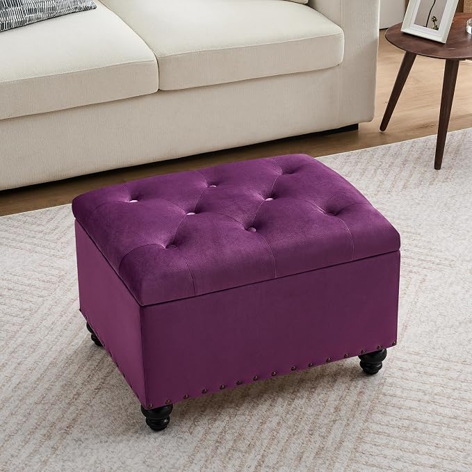Zihanhome Velvet Storage Ottoman Bench, Button Tufted Ottoman with Hidden Storage, Upholstered Foot Rest Stool with Solid Wood Legs for Living Room, Bedroom, Entryway & Small Spaces (Purple)