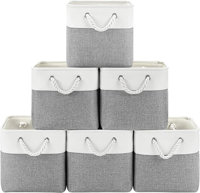 Patvingot 11-Inch Fabric Cube Storage Bins with Handles,6 Pack,Foldable | For cube shelves and closets,keeps grouped for everyday access,reinforced opening and fold-flat storage,white and gray