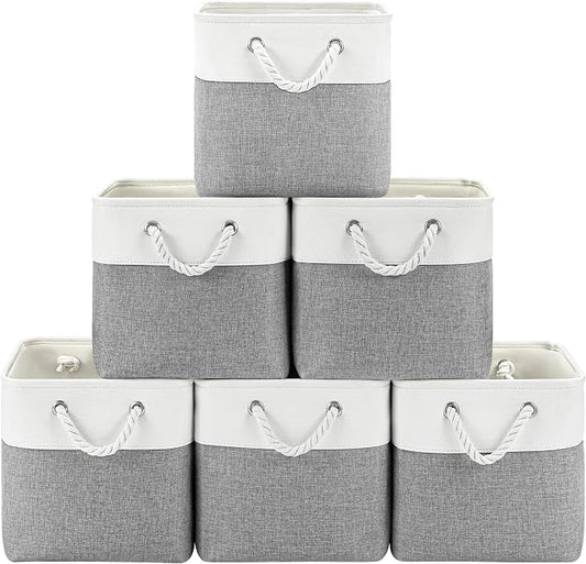 Patvingot 11-Inch Fabric Cube Storage Bins with Handles,6 Pack,Foldable | For cube shelves and closets,keeps grouped for everyday access,reinforced opening and fold-flat storage,white and gray
