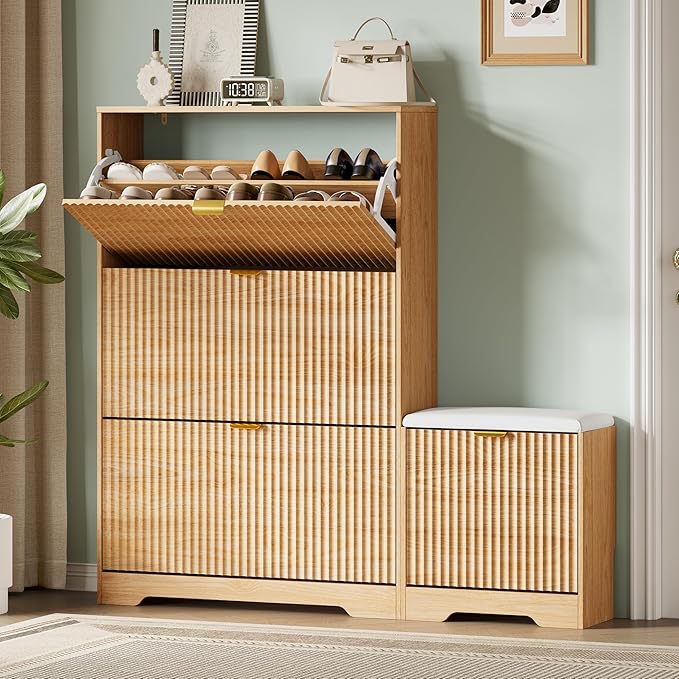 Xixini Shoe Storage Cabinet for Entryway with 3 Flip Drawers & Bench, Slim Wood Shoe Organizer with Modern Fluted Panel, Freestanding Narrow Shoe Rack for Front Door Entrance, Hallway, Foyer, Oak