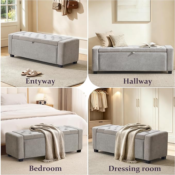 Royal Windsor 48" Ottoman with Storage,Tufted Storage Bench with Safety Hinge,Holds up to 350 lb,Upholstered Bench with Seating for Bedroom,Living Room,Entryway,Linen Light Gray