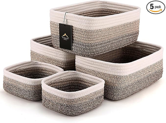5-Pack Small Woven Rope Storage Baskets, 2 Sizes Organizer Bins | Fabric Cube Boxes and Rectangular Shallow Bins for Closet, Shelf, Bookshelf, Nursery, Changing Table, Bathroom, Toys & Home