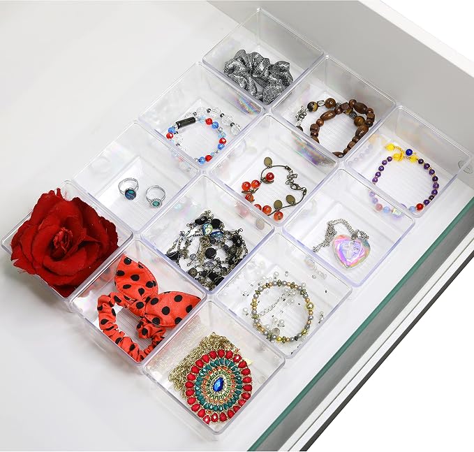 Simple Houseware Clear Desk Drawer Organizer, 3.25"x 3.25", 12 Packs | For Desk, Office, Bathroom, Makeup, and Craft Storage