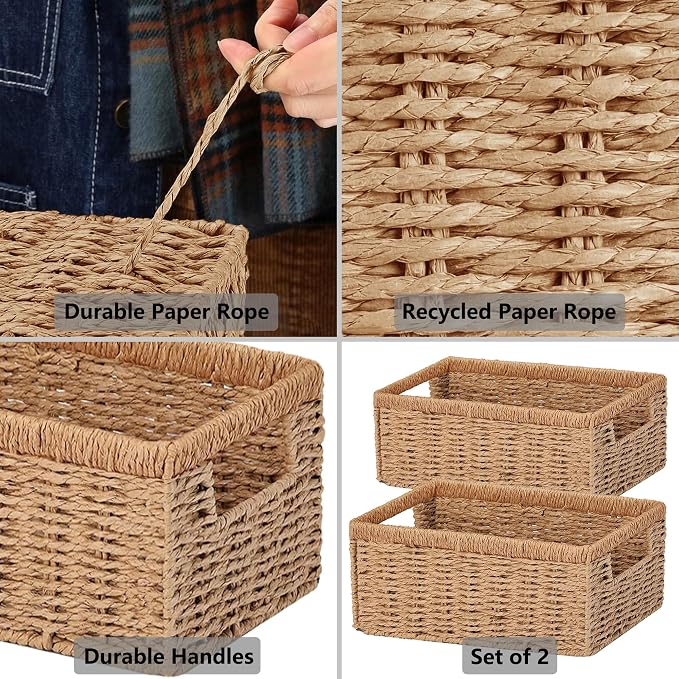 Wicker Storage Basket, Set of 2 Toilet Paper Storage Basket, Paper Rope Toilet Organizer Basket for Countertop, Storage Basket for Over Toilet Shelf, Decorative Storage Bins for Home Decor, Natural