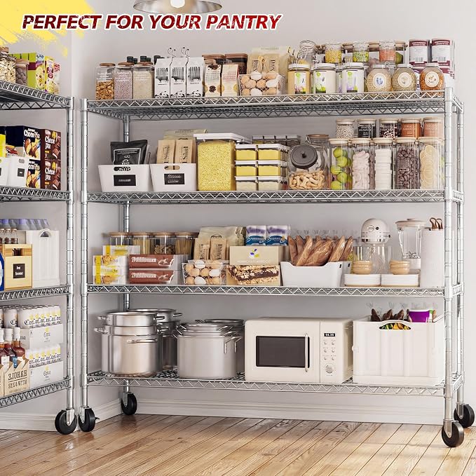 REIBII 55.5''W Storage Shelves 2500LBS Wire Shelving Unit with Wheels Heavy Duty Metal Shelves for Storage Adjustable Garage Storage Rack Pantry Shelf Kitchen Shelving, 75.6" H X 55.5''W X 24" D, 4PCS