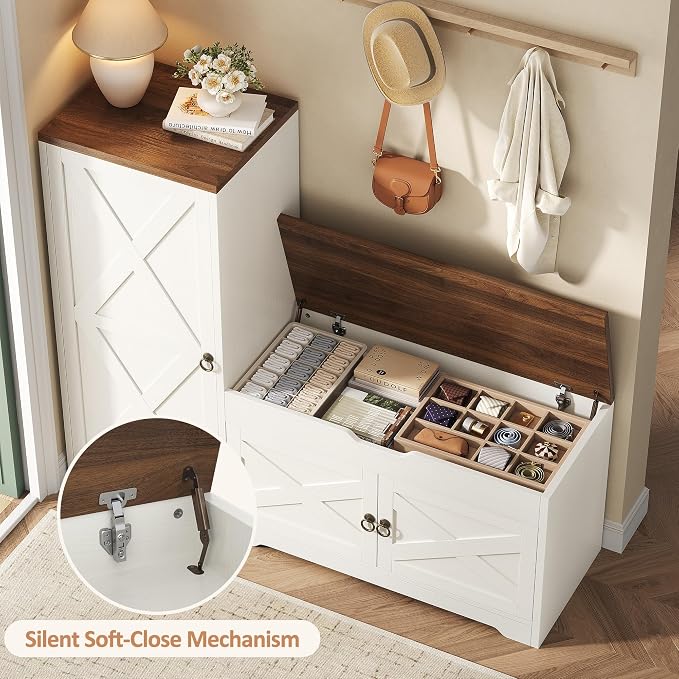 47'' Shoe Cabinet with Bench Seat, 7-Tier Shoe Storage Bench for Entryway with Adjustable Shelves, Hidden Lift Top Storage and 0.7'' Top Panel for Hallway Entrance, White