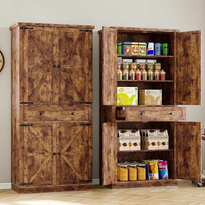 BORNOON Pantry Organizers and Storage Cabinet, 67.71” Barn Door White Kitchen Cabinet with Drawers and Adjustable Shelf, Tall Pantry for Kitchen, Dining Room, Living Room