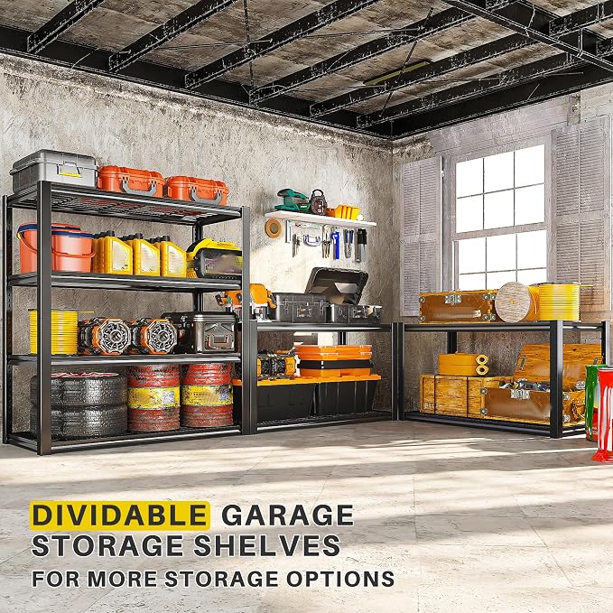 REIBII 40" W Storage Shelves with Wire Mesh Panels for Garage Organization | 560Lbs/tier, 40" W x 19.5" D x 59.5" H, Adjustable, 4-Tier, Double-Layer Frame, Rustproof Finish, for Basement Warehouse Shed