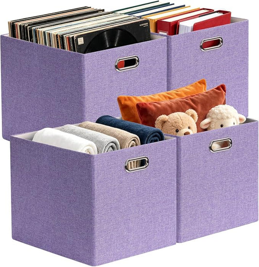 Posprica 3X Thicker Collapsible Storage Bins,13×15x13 Foldable Storage Cube Boxes Fabric Drawer for Closet Shelf Cabinet Bookcase, set of 4 (Purple)