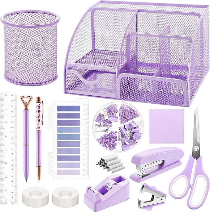 Fayoo 15 Pcs Purple Office Supplies Set Mesh Desk Organizer Accessories Kit | Include Stapler, Tape Dispenser, Staple Remover, Clips, Ruler, Scissors, Sticky Notes, for Office, School, Home, Women