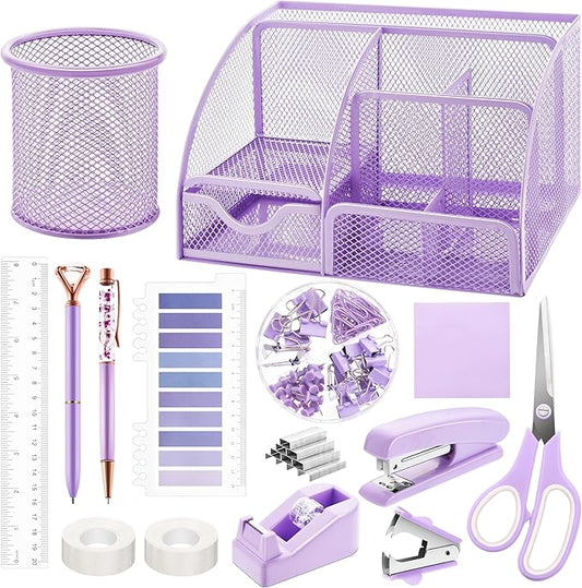 Fayoo 15 Pcs Purple Office Supplies Set Mesh Desk Organizer Accessories Kit | Include Stapler, Tape Dispenser, Staple Remover, Clips, Ruler, Scissors, Sticky Notes, for Office, School, Home, Women