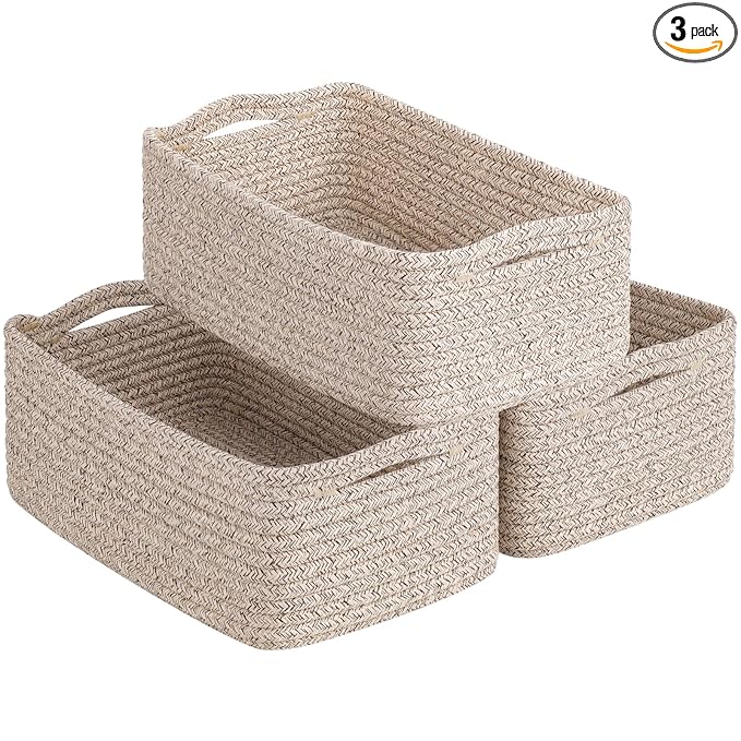 Goodpick 3Pack Rope Storage Baskets for Shelves Organizing, 11 x 7 x 4.5 in | Woven Baskets for Closet Fit Bedroom Lving Room, Small Baskets for Gift Empty, Dog Toy Basket for Pets, White & Light Gray