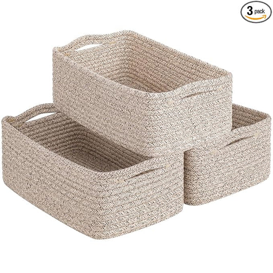 Goodpick 3Pack Rope Storage Baskets for Shelves Organizing, 11 x 7 x 4.5 in | Woven Baskets for Closet Fit Bedroom Lving Room, Small Baskets for Gift Empty, Dog Toy Basket for Pets, White & Light Gray