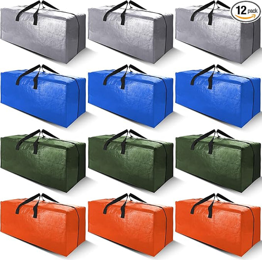 Cosy Family 12 Pack Heavy Duty Moving Bags with Backpack Straps - Strong Handles & Zippers, Storage Totes For Space Saving, Fold Flat, Alternative to Moving Box (X-Large-Set of 12, Multicolored)