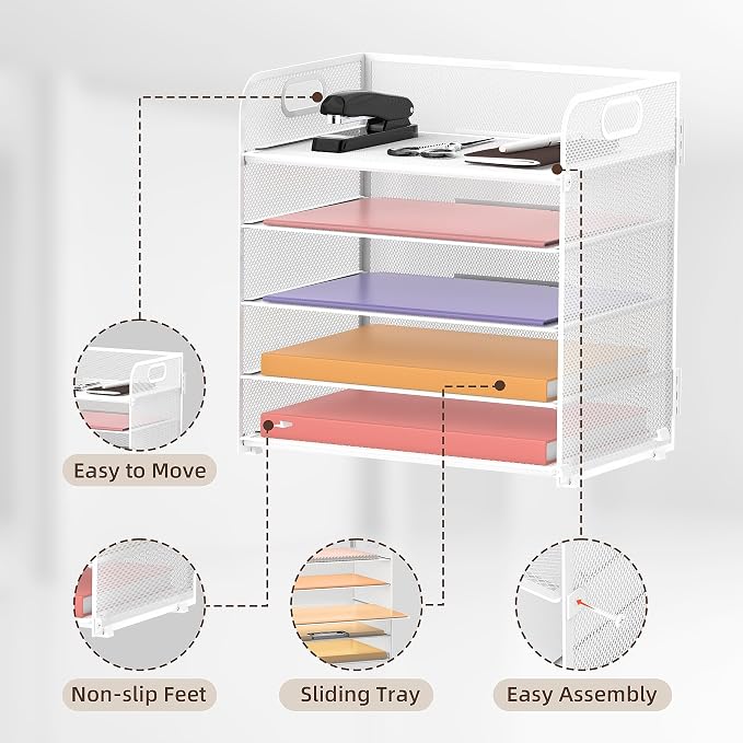 Supeasy 5 Trays Paper Organizer Letter Tray with Handle-Mesh Desk File Holders, Paper Sorter Desk Organizer for Office, Home, Classroom or School, White
