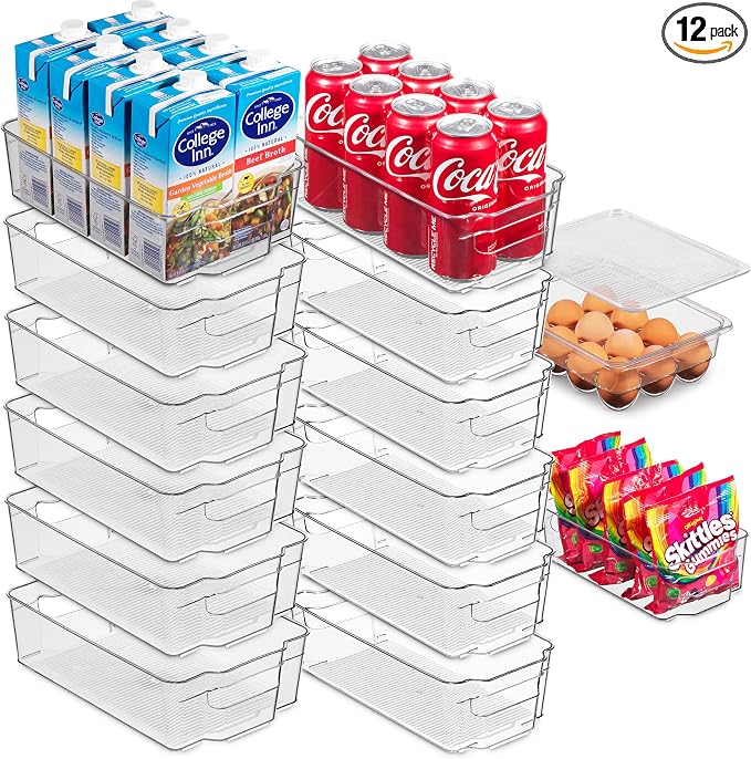 Oizeir Refrigerator Organizer Bins - Clear Plastic, Stackable, Narrow and Wide Bin Sizes, Egg Tray with Lid. Great Storage for Fridge, Cabinets, Countertops and Pantry. (Set of 12)
