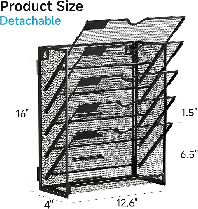 Lavatino 6-Tier Hanging File Organizer, Wall Mount File Holder for Mails Folders Papers Magazine Organization, Vertical Document Organizer for Office Home - Black