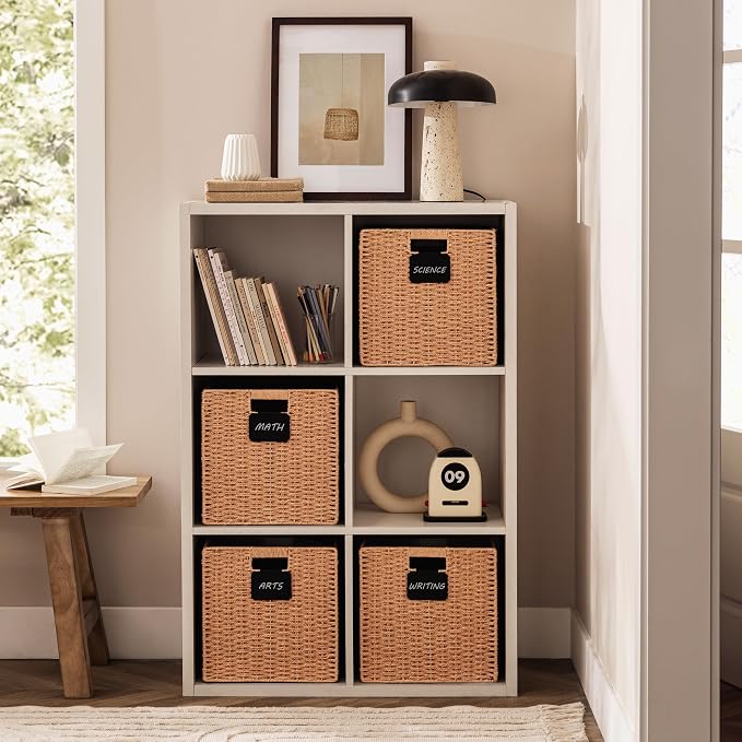 UBBCARE 2 Pack Wicker Basket, 13×13 Storage Cubes with Label, Foldable Cube Storage Bin with Handle, Square Storage Basket for Shelves, Woven Paper Rope Basket for Organizing, Caramel