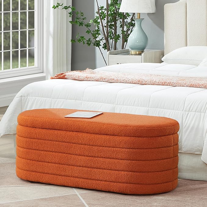 Ball & Cast Storage Bench, Upholstered Oval Ottoman, End of Bed Stool with Safety Hinge for Bedroom, Living Room, Entryway, Teddy Fabric, Orange