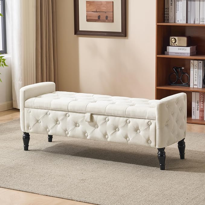 Royal Windsor 48" Ottoman with Storage,Tufted Storage Bench with Safety Hinge,Holds up to 350 lb,Black Wood Legs,Upholstered Bench with Arms for Bedroom,Living Room,Entryway,Linen Beige