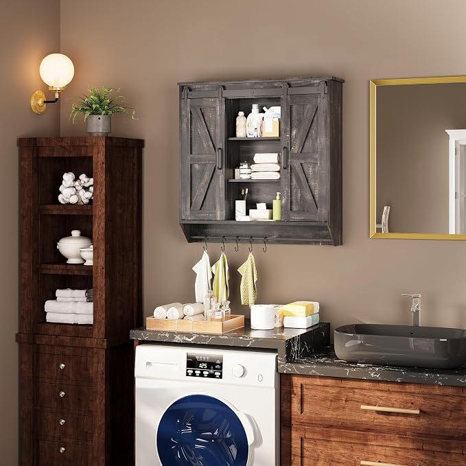 Trironsun Farmhouse Medicine Cabinet 2 Sliding Barn Doors 3 Tier Rustic Wood Wall Storage Cabinet Adjustable Shelf Towel Bar Wall Mounted Bathroom Wall Cabinet