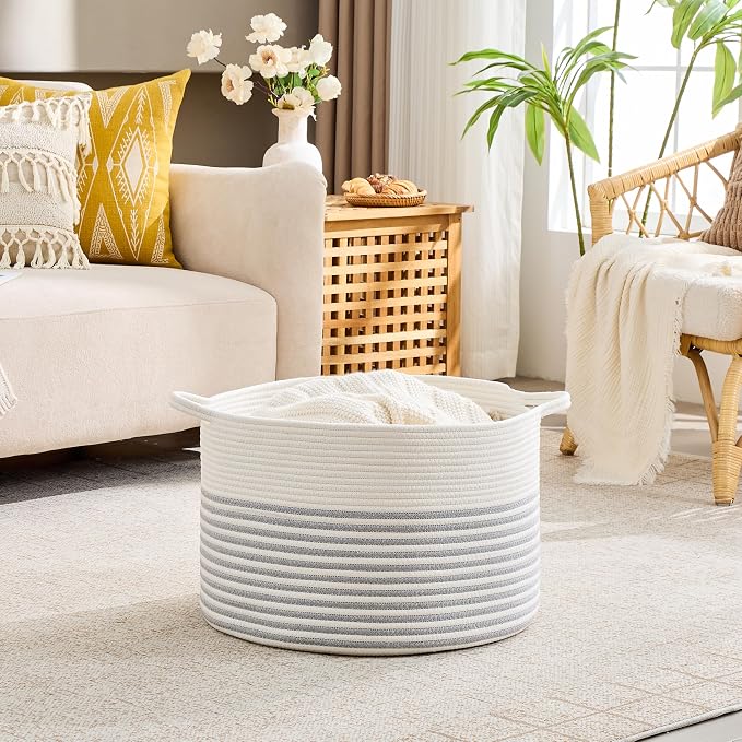 KAKAMAY Large Blanket Basket with Handles, Storage Basket for Living Room | Extra Large Capacity | Natural Cotton Rope | Blanket Storage | Woven Storage Basket | Stuffed Animal Storage | Laundry Basket