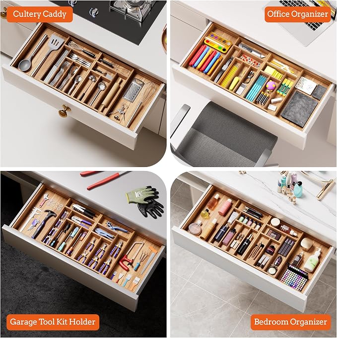 Silverware Organizer Large, Magnetic Connected Expandable 13 Slots Silverware Drawer Organizer From 21 to 37.4 Inches, Adjustable Flatware and Cutlery Holder, Bamboo Utensil Tray for Kitchen Acacia