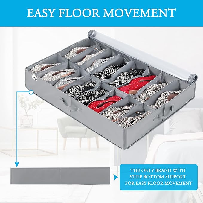 INAYA Under Bed Shoe Storage Organizer 2 Pack, Fits 32 Pairs, Large Underbed Shoe Box Storage Containers, Clear Foldable Shoes Organizer Under the Bed Sturdy Structure with Hard Bottom Support
