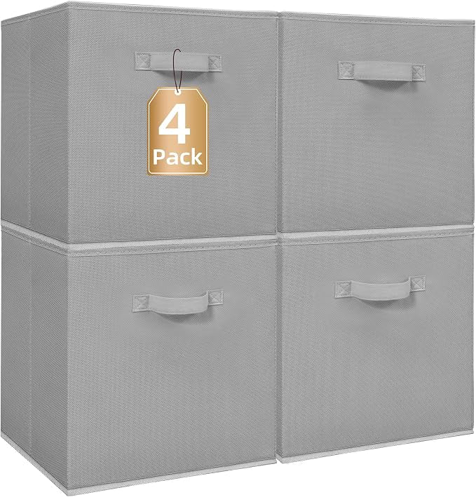STORAGE MANIAC Storage Cubes, 13 Inch Collapsible Storage Bins with Handles, 4 Pack Fabric Foldable Bins for Organization, Durable Storage Bins for Closet, Shelves, Offices, 4-Pack Grey