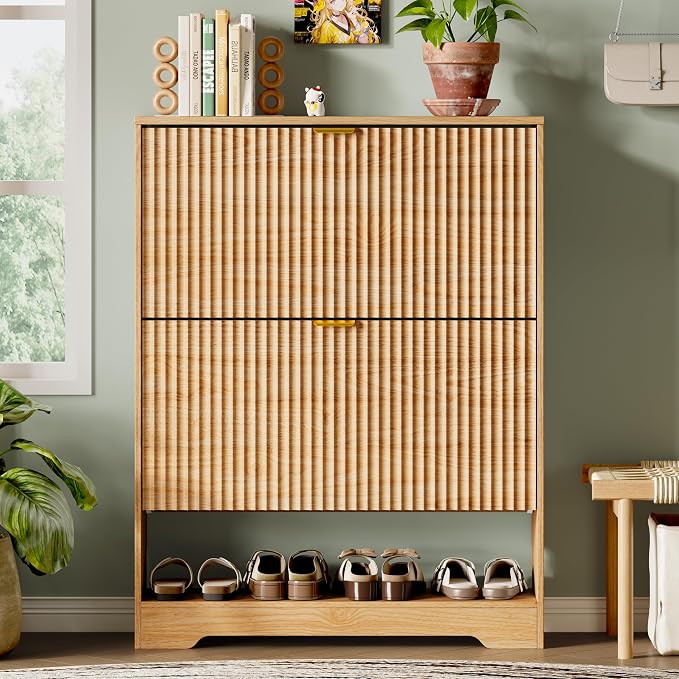 Xixini Shoe Storage Cabinet for Entryway with 2 Flip Drawers, Hidden Slim Wood Shoe Organizer with Modern Fluted Panel, Freestanding Narrow Shoe Rack for Front Door Entrance, Hallway, Foyer, Oak