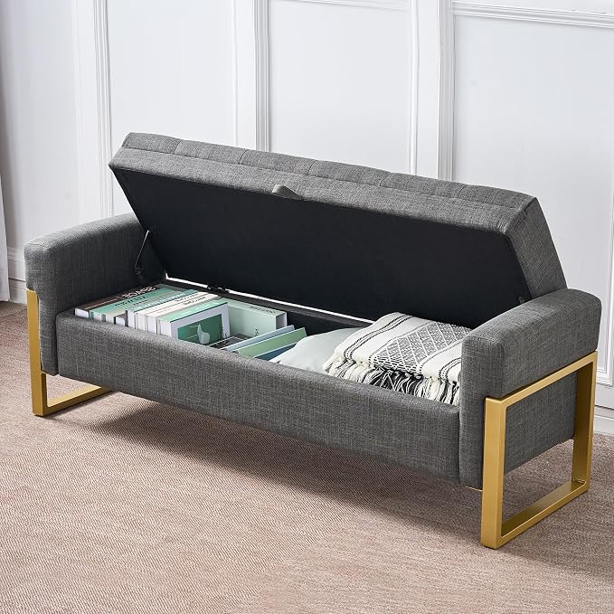 adochr 57" Storage Ottoman Bench, Upholstered End of Bed Bench, Dark Grey | Metal Legs & Button-Tufted, Linen Ottoman with Storage 500 lb Capacity for Living Room, Bedroom, Entryway