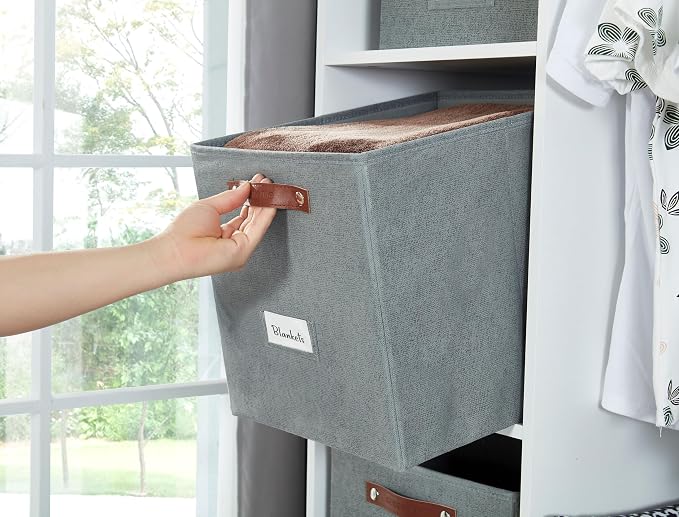 DECOMOMO Storage Bins, Cube Storage Bin with Labels | 13" x 13" x 13" Fabric Storage Cubes for Shelves (6pcs, Texture Grey)