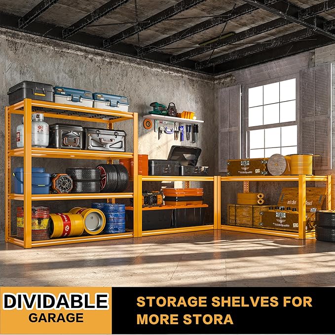 REIBII 40" W Yellow Garage Shelving with Double-Layer Frames for Homeowners | 2240Lbs, Adjustable, 10-Min Easy Assembly, Wire Mesh Panels, for Garage Basement Warehouse Commercial, 40"W×19.5"D×59.5"H, 2P