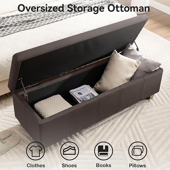 WUTUTUEE 51" Faux Leather Storage Ottoman, Stitch Tufted Rectangle Upholstered End of Bed Storage Bench, Entryway Large Couch Ottoman with Wooden Legs,Brown
