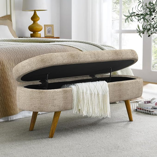 43.5” Storage Ottoman Bench，Upholstered Oval End of Bed Bench for Bedroom | Modern Linen Ottoman with Storage, Entryway Foot Rest with Wooden Legs, Lift-Top Lid with Safety Hinge, Living Room,Brown