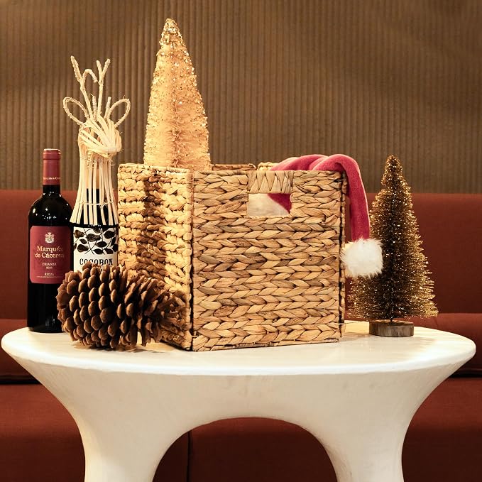 4 Hand-Woven Wicker Storage Baskets 13x11x11in, Water Hyacinth Shelf Bins | ECO-FRIENDLY & SUSTAINABLE