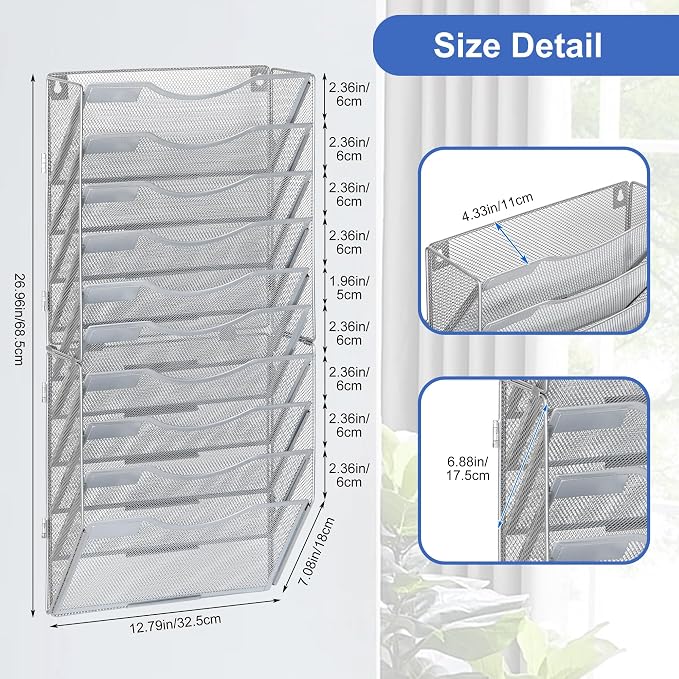 EasyPAG Wall File Organizer for Office 10 Pocket Mesh Wall Mounted Paper Organizer Hanging Folder Holder with Nametag Label for Home School, Silver