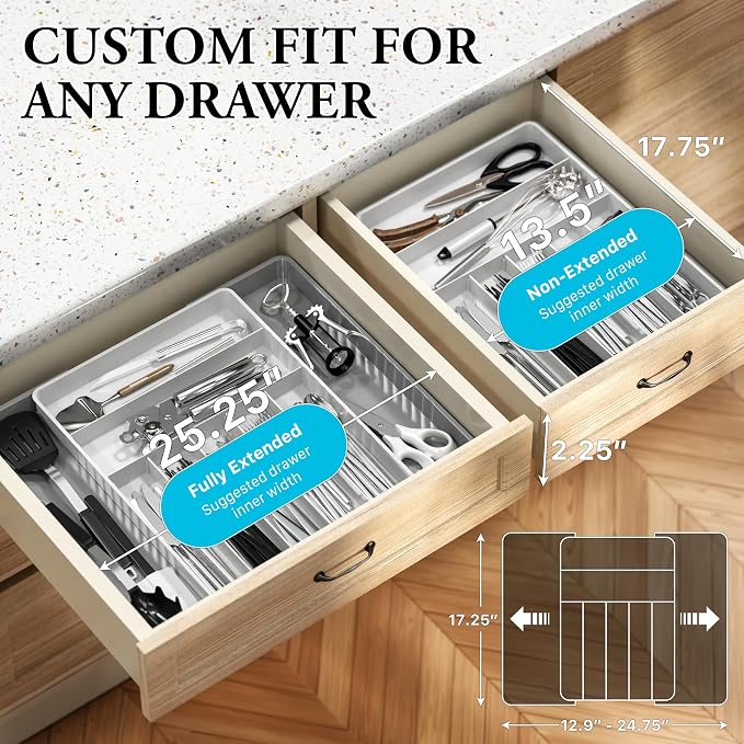 Simple Houseware Expandable Kitchen Drawer Flatware Organizer, Gray/White