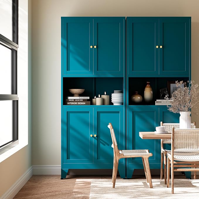 69"H Metal Pantry Cabinet with Microwave Stand,Tall Kitchen Storage Cabinets,Blue Food Pantry Cabinet with 4 Doors and Shelves, Large Hutch Cabinets for Kitchen, Dining Room, Living Room and Bathroom