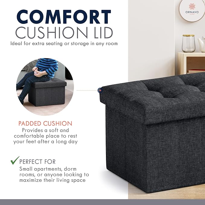 Ornavo Home Small Rectangle Ottoman Set of 2, Linen, 12x16x12, Black | Storage Collapsible Design; Foot Rest Stool Seat; Ideal for Living Room, Bedroom, Home Office or Dorm