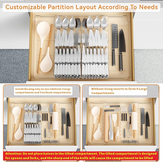 Large Expandable Silverware Organizer - Adjustable From 11'' to 21.3'' - Spatula,Gadget,Knife,Cutlery,Spoons and Forks Organizer,Clear Flatware,Silverware Tray,Utensil Organizer for Kitchen Drawers