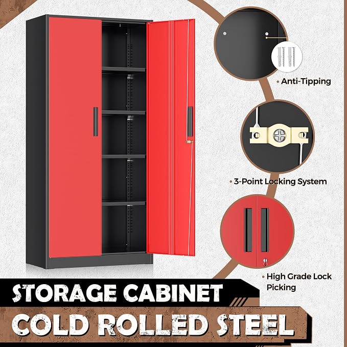 INTERGREAT Metal Storage Cabinet, 72” H Storage Cabinet with Doors and Adjustable Shelves for Office, Home, Garage, Pantry (Assembly Required, Black Red)