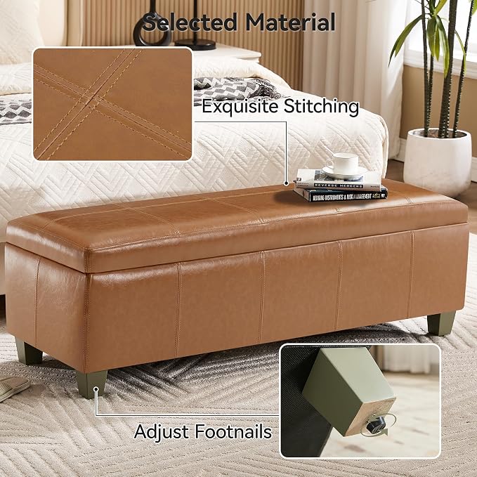WUTUTUEE 51" Faux Leather Storage Ottoman, Stitch Tufted Rectangle Upholstered End of Bed Storage Bench, Entryway Large Couch Ottoman with Wooden Legs, Light Brown